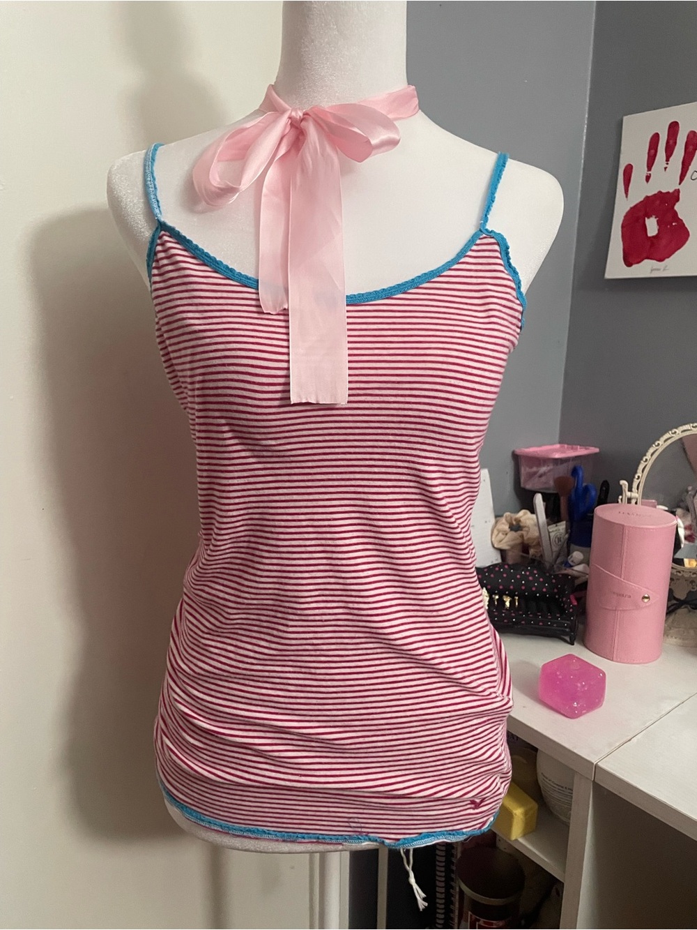 American Eagle Outfitters 2000s Pink and White Striped Cami with Blue Trim